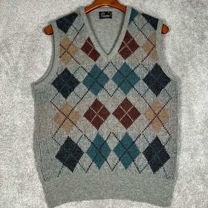 Vintage 80s Sweater Vest Mens L Gray Argyle V-Neck Wool Blend Made USAPrep Ivy